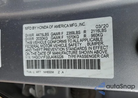 2020 Honda Accord Sport z USA, uszkodzony, nr VIN 1HGCV1F32LA083226